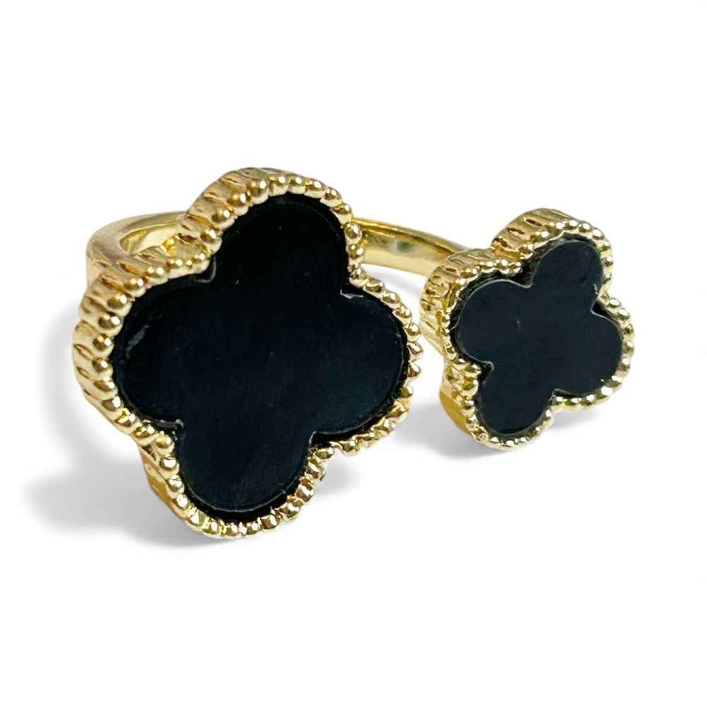 18K GP Designer Inspired Clover Ring Black Size 7